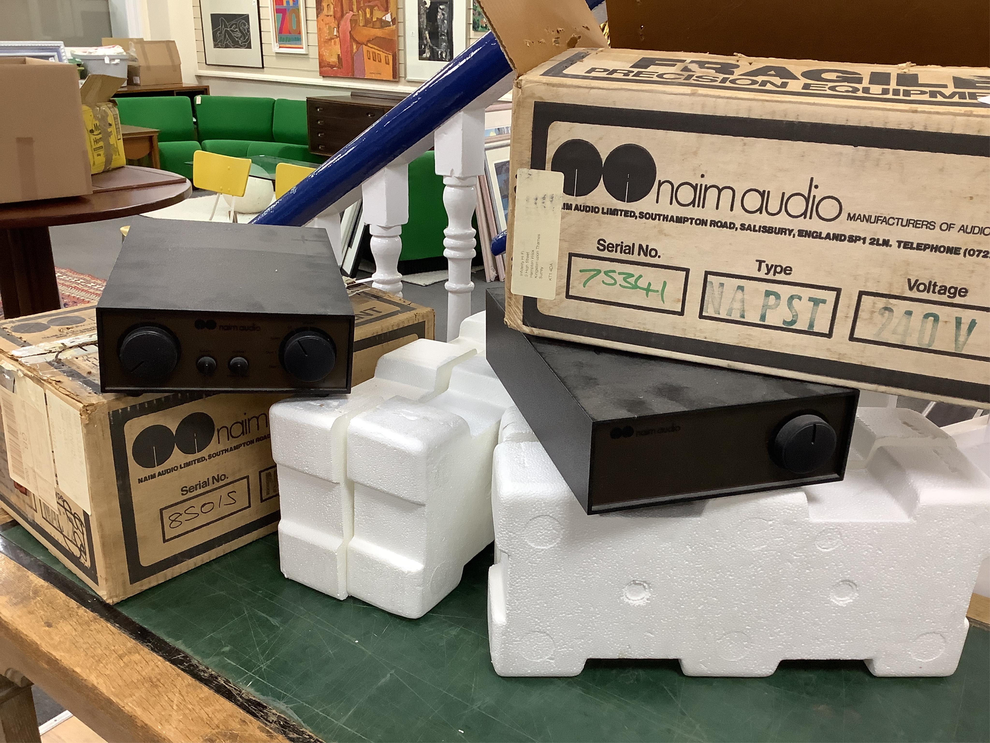 Seven Naim Audio hi-fi separates in original card boxes; a Niam HiCap DR power supply unit, serial number 70557, a Niam NAP 250 power amplifier, serial number 88778, a Niam NAT 02 FM Tuner, serial number 75339, a Niam NA